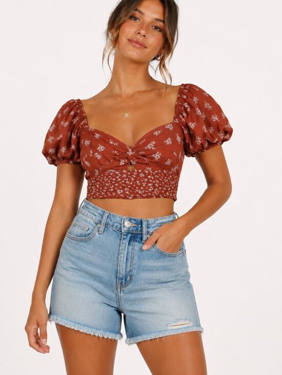 Altar'd State Tops - Altar'd State Floral Puff Sleeve Crop Top Size M Rust EUC